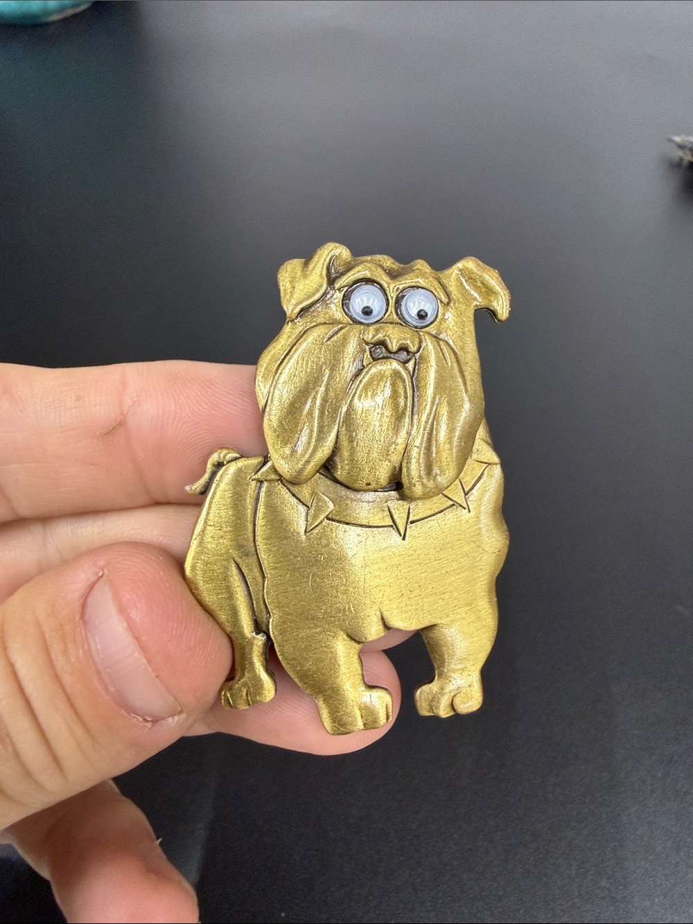 Dog Brooch JJ Jonette Googly Eye Bulldog Articulate Moveable Head Brass Tone